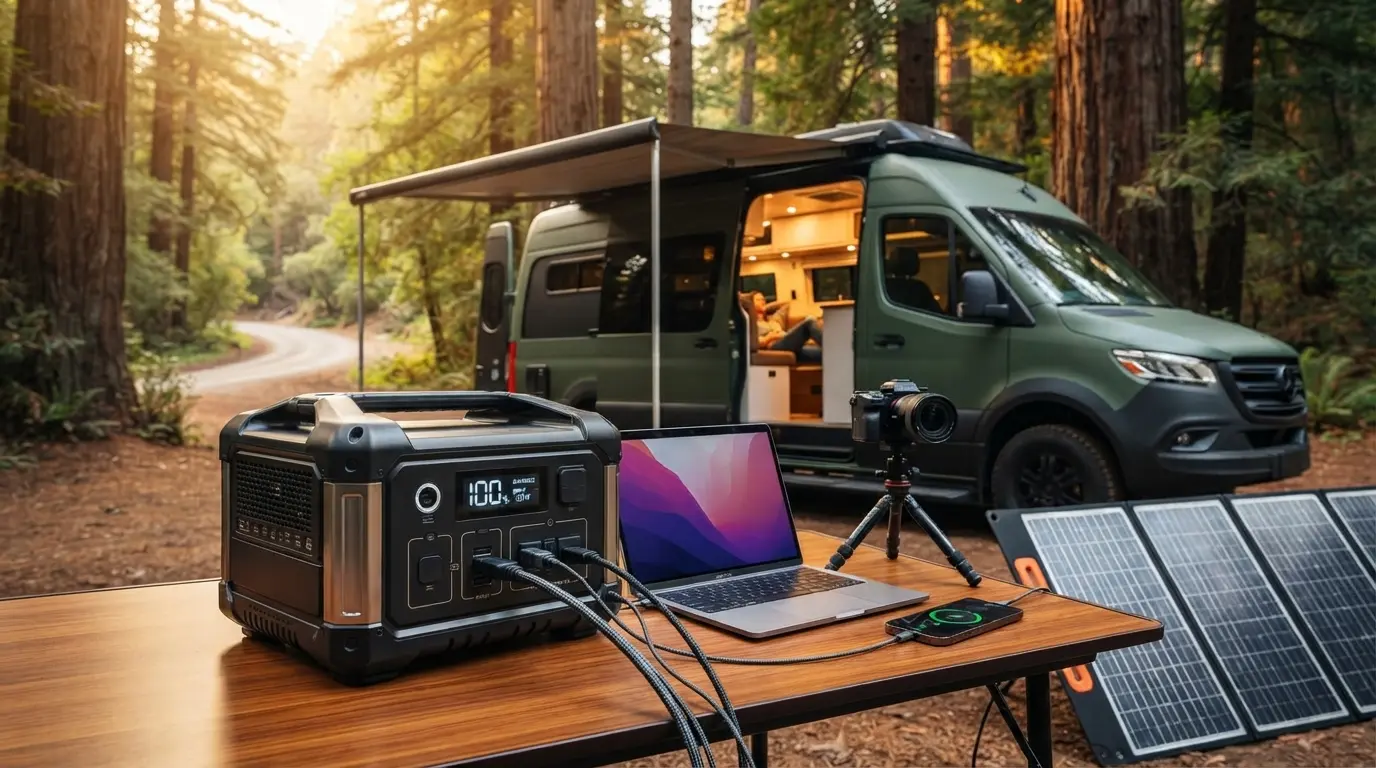 Heavy-duty portable power station charging devices next to a luxury camper van in a scenic forest, outdoor adventure tech.