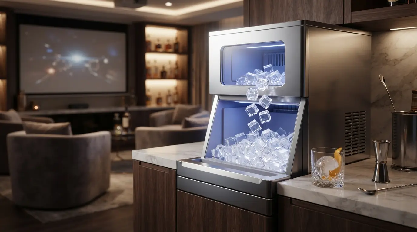 Sleek standalone stainless steel ice maker producing clear crystal