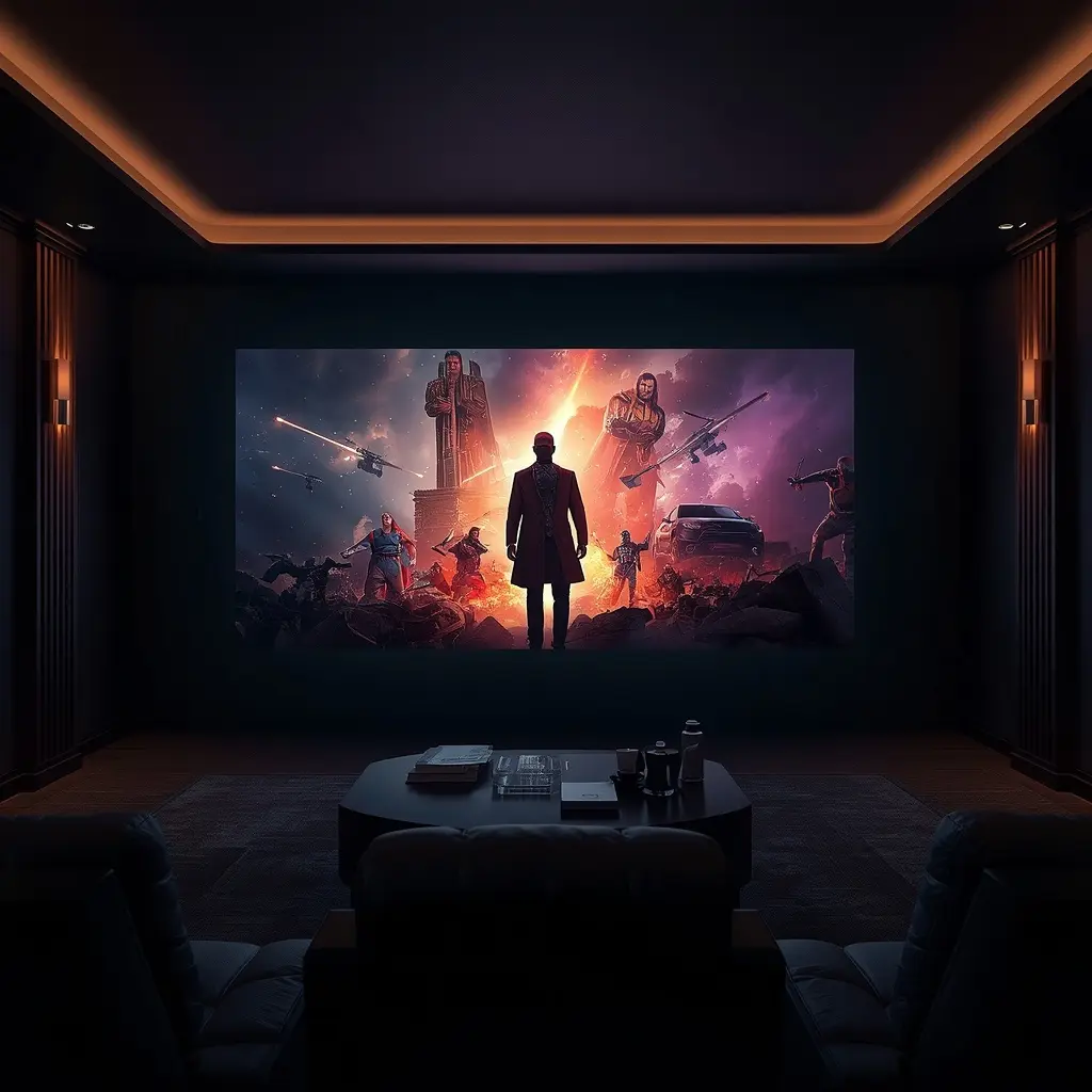home theater photography of an ultra short throw 4K laser projector